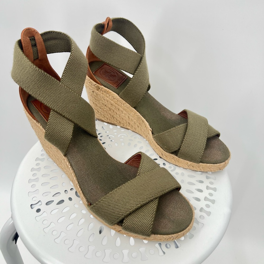 Tory Burch olive green wedge cross strap open toe espadrille sandals